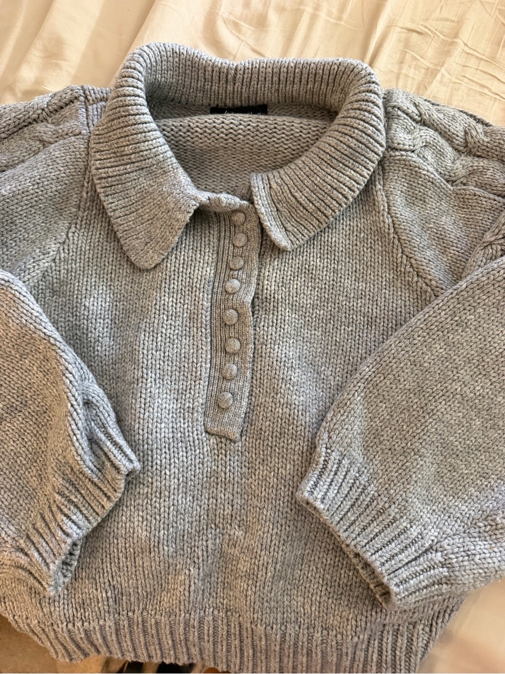 Olivaceous Heather Gray Polo-Collar Knit Sweater
